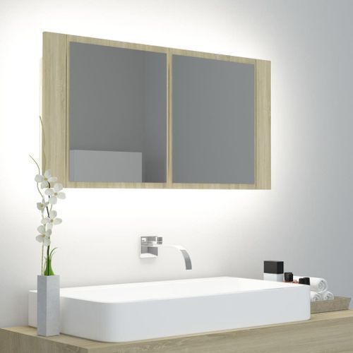 Armoire de salle de bain à miroir à LED Chêne sonoma 90x12x45cm - Photo n°2; ?>