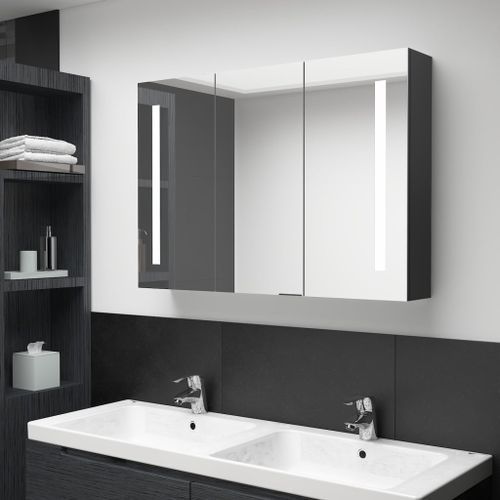 Armoire de salle de bain à miroir LED 89x14x62 cm Noir brillant - Photo n°2; ?>