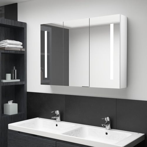 Armoire de salle de bain à miroir LED 89x14x62cm Blanc brillant - Photo n°2; ?>