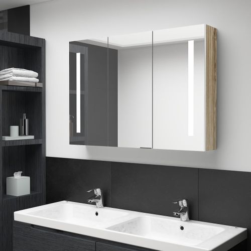 Armoire de salle de bain à miroir LED 89x14x62cm Blanc et chêne - Photo n°2; ?>