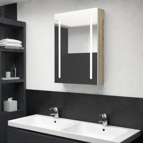 Armoire de salle de bain à miroir LED Blanc et chêne 50x13x70cm - Photo n°2; ?>