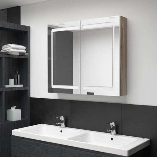 Armoire de salle de bain à miroir LED Blanc et chêne 80x12x68cm - Photo n°2; ?>