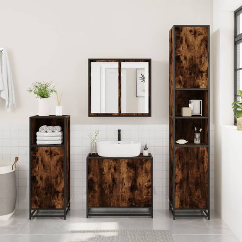 Armoire de salle de bain chêne fumé bois d'ingénierie et métal - Photo n°3; ?>