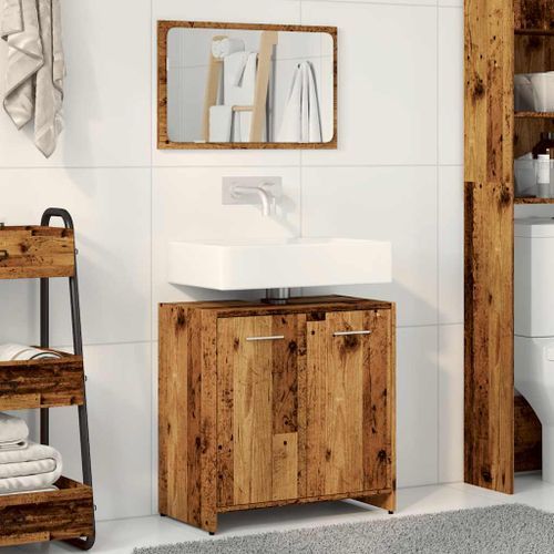 Armoire de salle de bain et miroir vieux bois bois d'ingénierie - Photo n°3; ?>