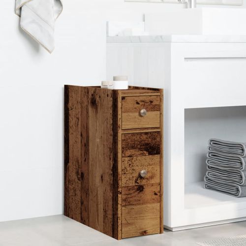 Armoire de salle de bain étroite avec roulettes vieux bois - Photo n°3; ?>