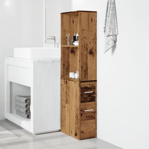 Armoire de salle de bain étroite avec roulettes vieux bois - Photo n°3; ?>