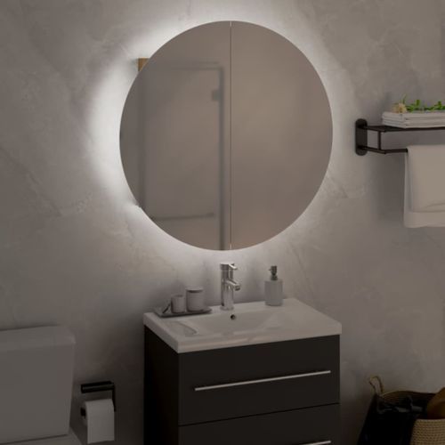 Armoire de salle de bain miroir rond et LED Chêne 47x47x17,5 cm - Photo n°3; ?>