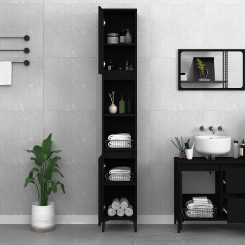 Armoire de salle de bain noir 30x30x190 cm bois d'ingénierie - Photo n°3; ?>