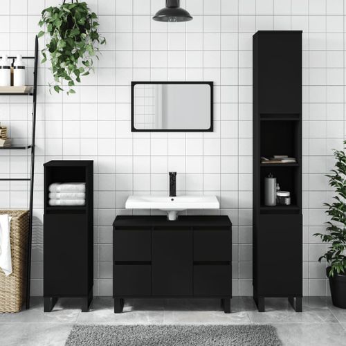 Armoire de salle de bain noir 80x33x60 cm bois d'ingénierie - Photo n°2; ?>