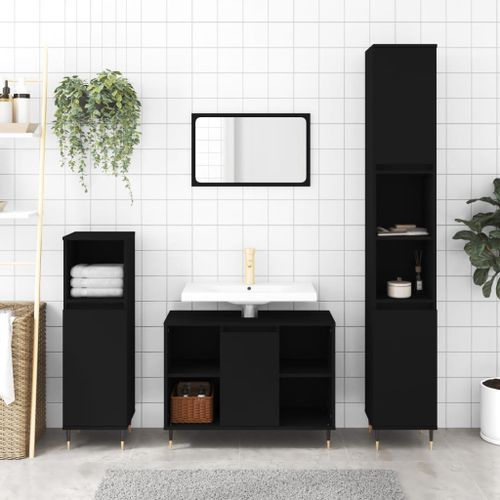 Armoire de salle de bain noir 80x33x60 cm bois d'ingénierie - Photo n°2; ?>