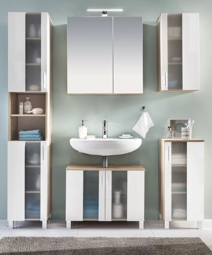 Armoire de toilette 2 portes mélaminé blanc et chêne clair avec miroir Payne - Photo n°2; ?>