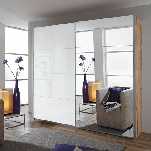 Armoire design 2 portes coulissantes verre teinté blanc et miroir et chêne clair Sanremo Luxia - Photo n°2; ?>