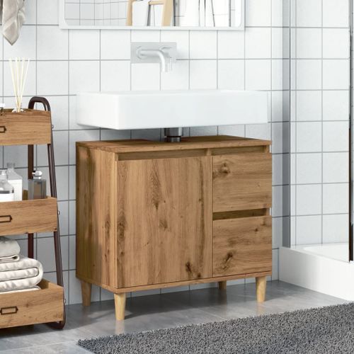 Armoire lavabo chêne artisanal 65x33x60 cm bois d'ingénierie - Photo n°3; ?>