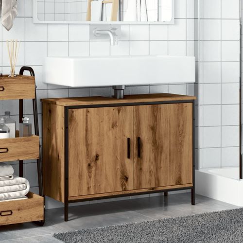 Armoire lavabo chêne artisanal 80x30x60 cm bois d'ingénierie - Photo n°3; ?>