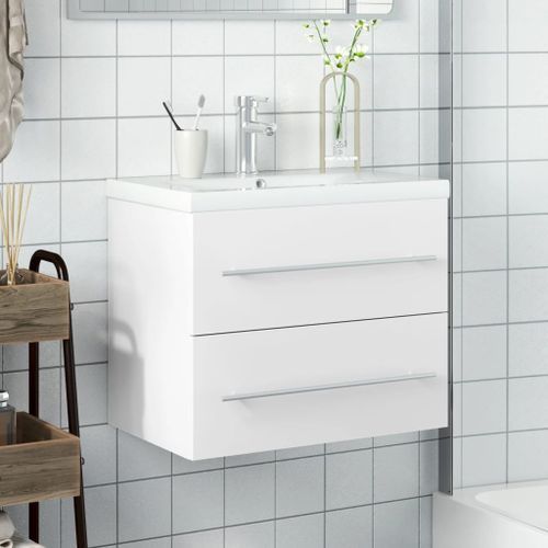 Armoire lavabo de salle de bain avec bassin intégré blanc - Photo n°3; ?>