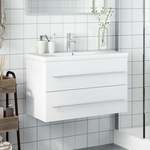 Armoire lavabo de salle de bain avec bassin intégré blanc - Photo n°3; ?>