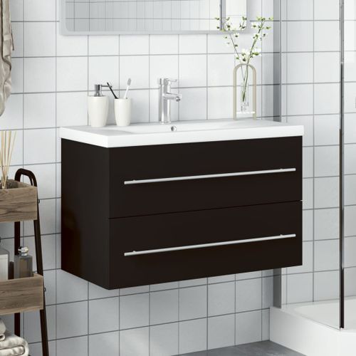 Armoire lavabo de salle de bain avec bassin intégré noir - Photo n°3; ?>