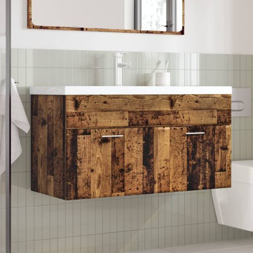 Armoire lavabo de salle de bain avec bassin intégré vieux bois - Photo n°3; ?>