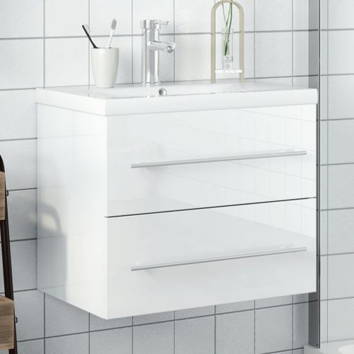 Armoire lavabo de salle de bain bassin intégré blanc brillant - Photo n°2; ?>