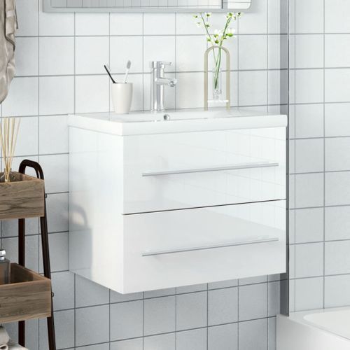 Armoire lavabo de salle de bain bassin intégré blanc brillant - Photo n°3; ?>