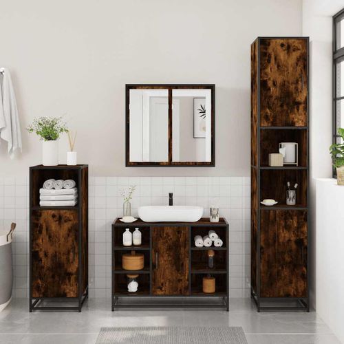 Armoire lavabo de salle de bain chêne fumé bois d'ingénierie - Photo n°3; ?>