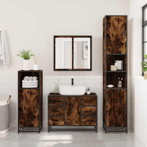 Armoire lavabo de salle de bain chêne fumé bois d'ingénierie - Photo n°3; ?>