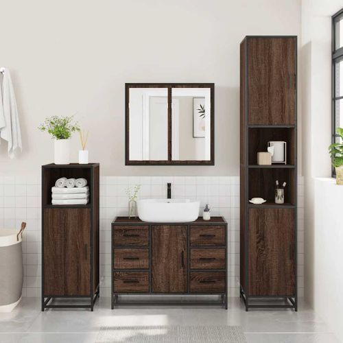 Armoire lavabo de salle de bain chêne marron bois d'ingénierie - Photo n°3; ?>