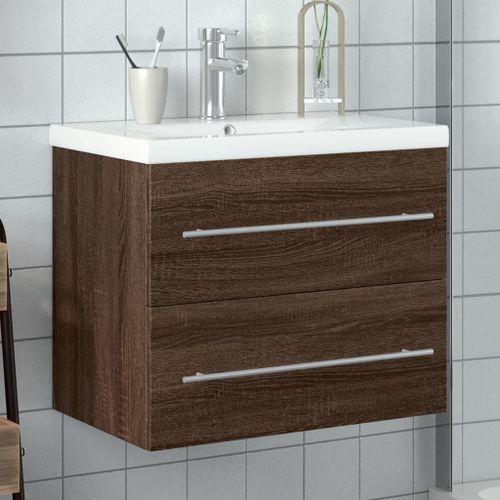 Armoire lavabo de salle de bain et bassin intégré chêne marron - Photo n°2; ?>