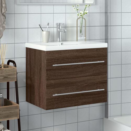 Armoire lavabo de salle de bain et bassin intégré chêne marron - Photo n°3; ?>