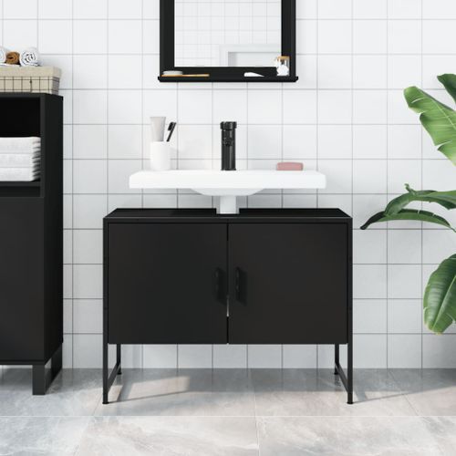 Armoire lavabo de salle de bain noir 80x33x60cm bois ingénierie - Photo n°3; ?>