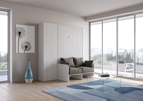 Armoire lit 160x190 cm avec canapé et colonne de rangement bois blanc Kanto - Photo n°2; ?>