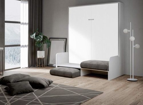 Armoire lit 160x200 cm escamotable verticale avec canapé frêne blanc et porte blanche Kanto - Photo n°2; ?>