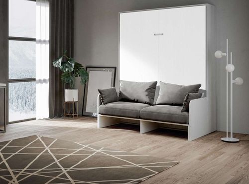 Armoire lit 160x200 cm escamotable verticale avec canapé frêne blanc et porte blanche Kanto - Photo n°3; ?>