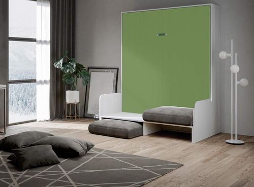 Armoire lit 160x200 cm escamotable verticale avec canapé frêne blanc et porte verte Kanto - Photo n°2; ?>