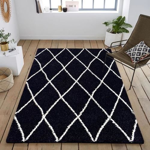ASMA Tapis de salon Shaggy - Style berbere - 120 x 160 cm - Noir - Motif géométrique - Photo n°2; ?>
