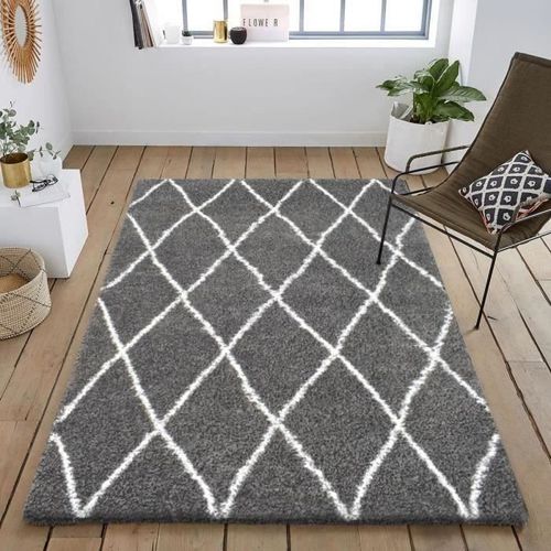 ASMA Tapis de salon Shaggy - Style berbere - 160 x 230 cm - Gris - Motif géométrique - Photo n°2; ?>