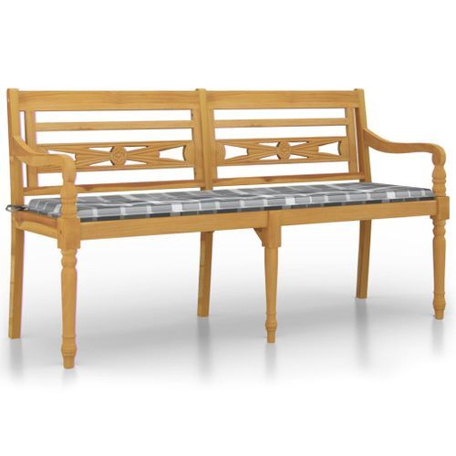 Banc Batavia coussin à motif de carreaux gris 150cm Bois teck - Photo n°2; ?>