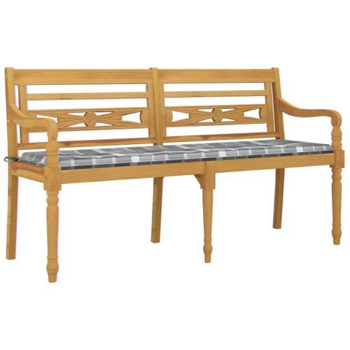 Banc Batavia coussin à motif de carreaux gris 150cm Bois teck - Photo n°3; ?>