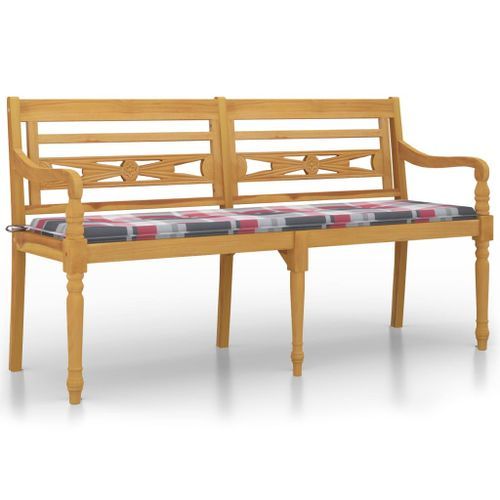 Banc Batavia coussin à motif de carreaux rouges 150cm Bois teck - Photo n°2; ?>