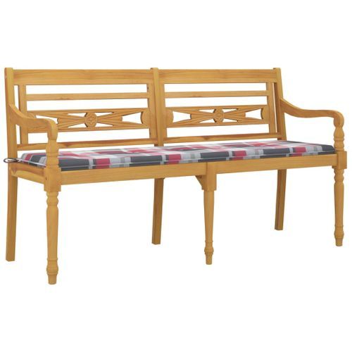 Banc Batavia coussin à motif de carreaux rouges 150cm Bois teck - Photo n°3; ?>