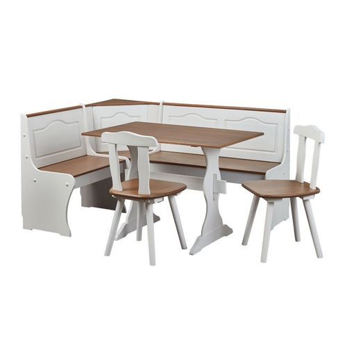 Banc d'angle table et chaises pin massif vernis blanc et marron Campanou - Photo n°2; ?>