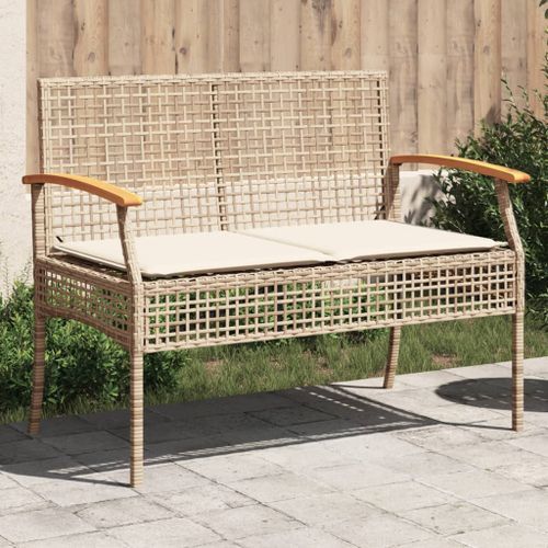 Banc de jardin avec coussin beige résine tressée et acacia - Photo n°2; ?>