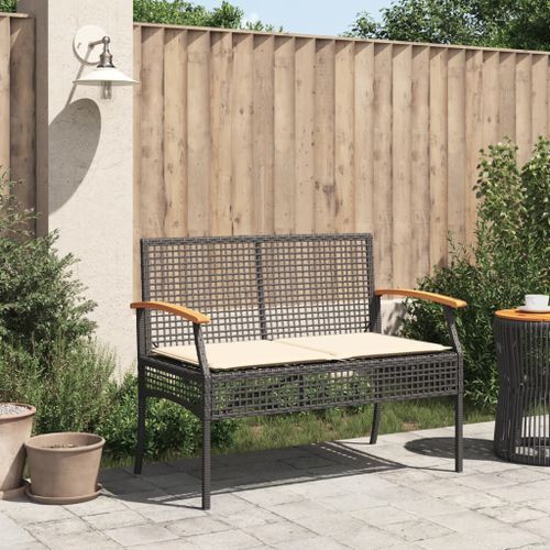 Banc de jardin avec coussin noir résine tressée et acacia - Photo n°3; ?>