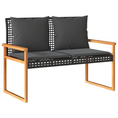 Banc de jardin avec coussin noir résine tressée et acacia - Photo n°2; ?>