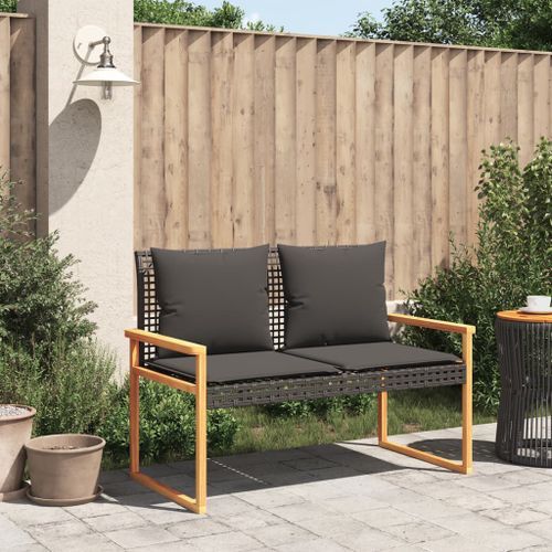 Banc de jardin avec coussin noir résine tressée et acacia - Photo n°3; ?>