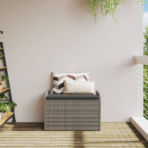 Banc de rangement avec coussin gris 80x51x52 cm résine tressée - Photo n°3; ?>