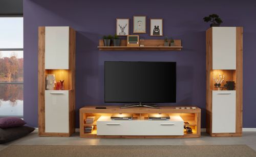 Banc TV lumineux chêne Wotan et blanc brillant Roska 200 cm - Photo n°3; ?>