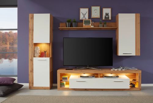 Banc TV lumineux chêne Wotan et blanc brillant Roska 200 cm - Photo n°2; ?>