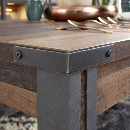 Table basse vintage vieux bois usé et métal gris avec rivets 140 cm - Photo n°3; ?>
