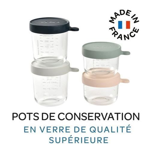 BÉABA Coffret 4 portions verre, pots de conservation (150ml pink / 150ml eucalyptus green / 250ml light mist / 250ml dark blue) - Photo n°2; ?>
